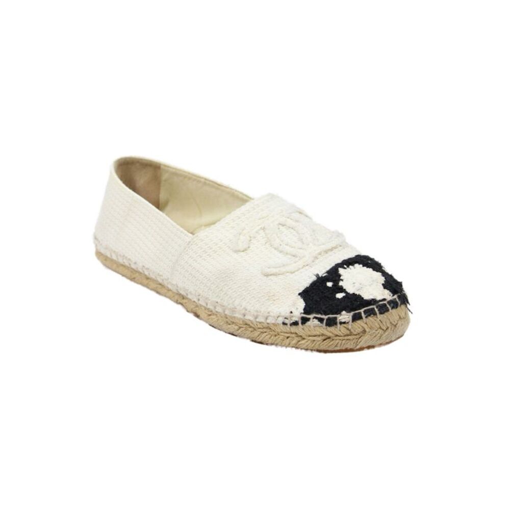 Chanel Womens Canvas Colorbloack C Chain Espadrille Flats White Black Size 8